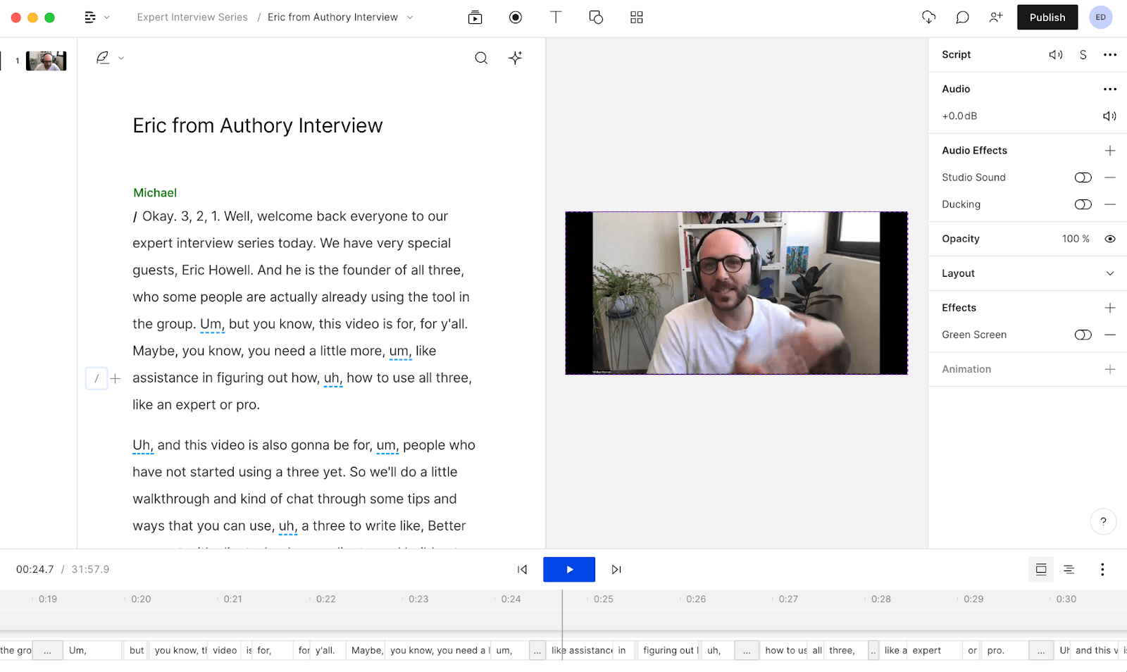 A completed transcription by Descript