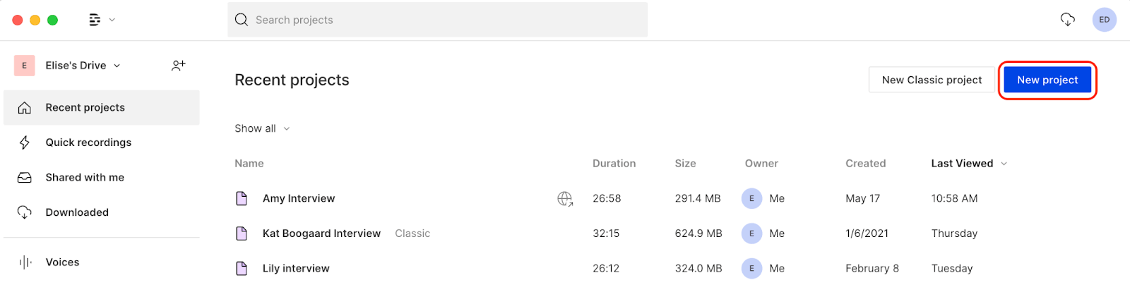 Starting a new transcription project in Descript