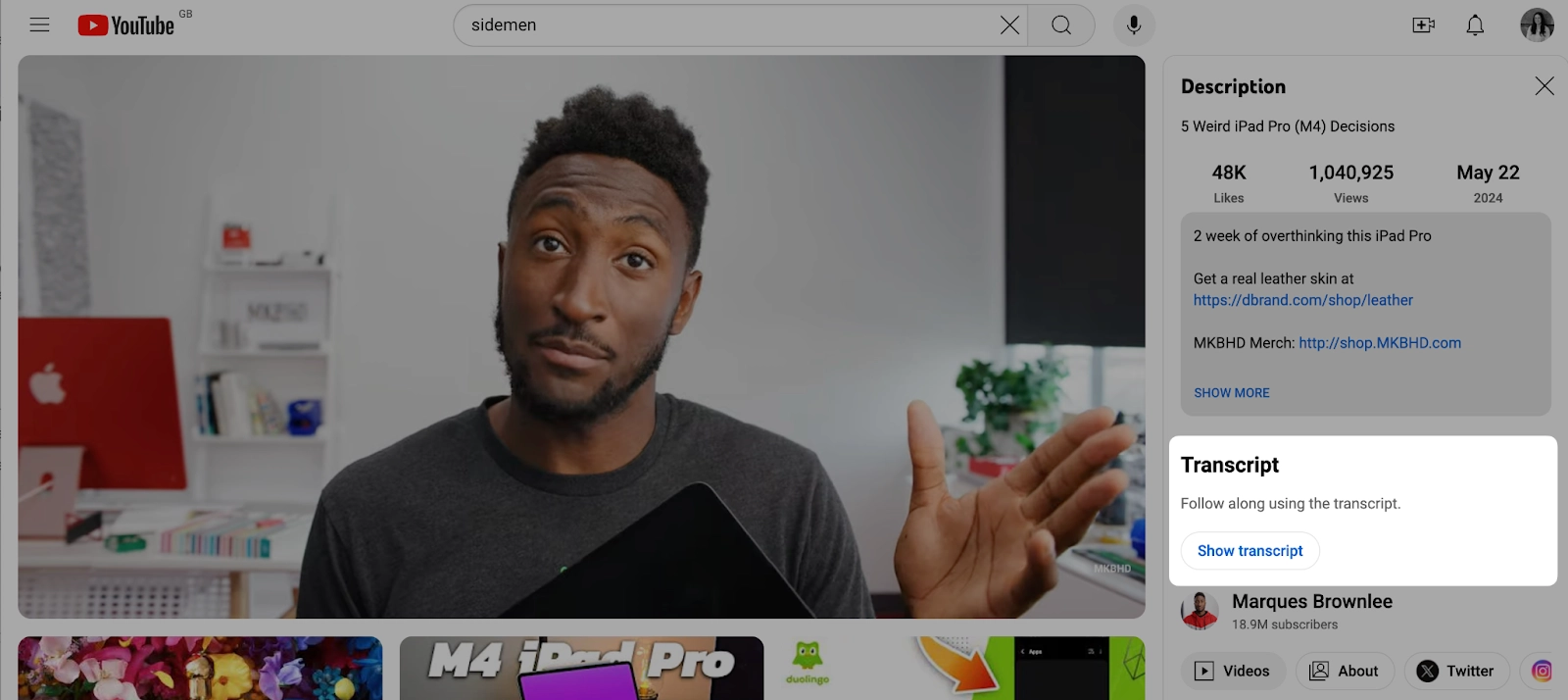 The transcript area of a YouTube video showing Show transcript button