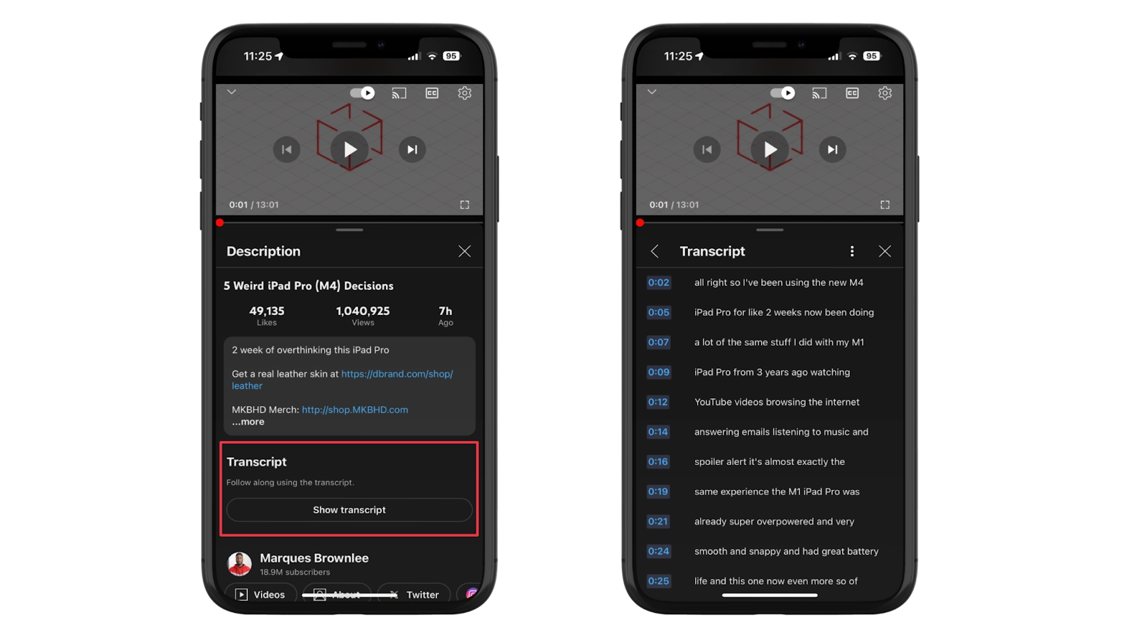 Finding a YouTube transcript on the phone