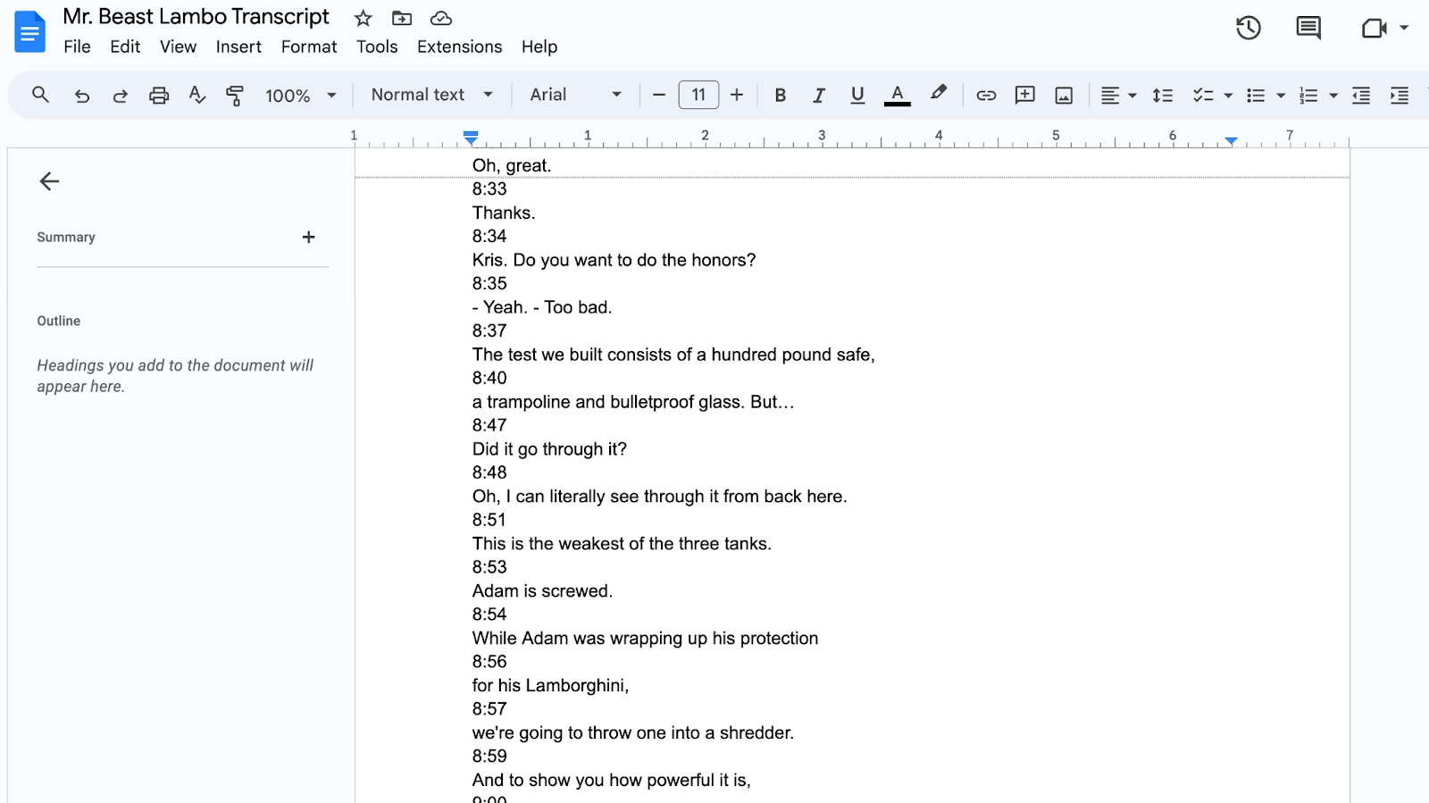 A Google Doc showing Mr. Beast’s video transcript
