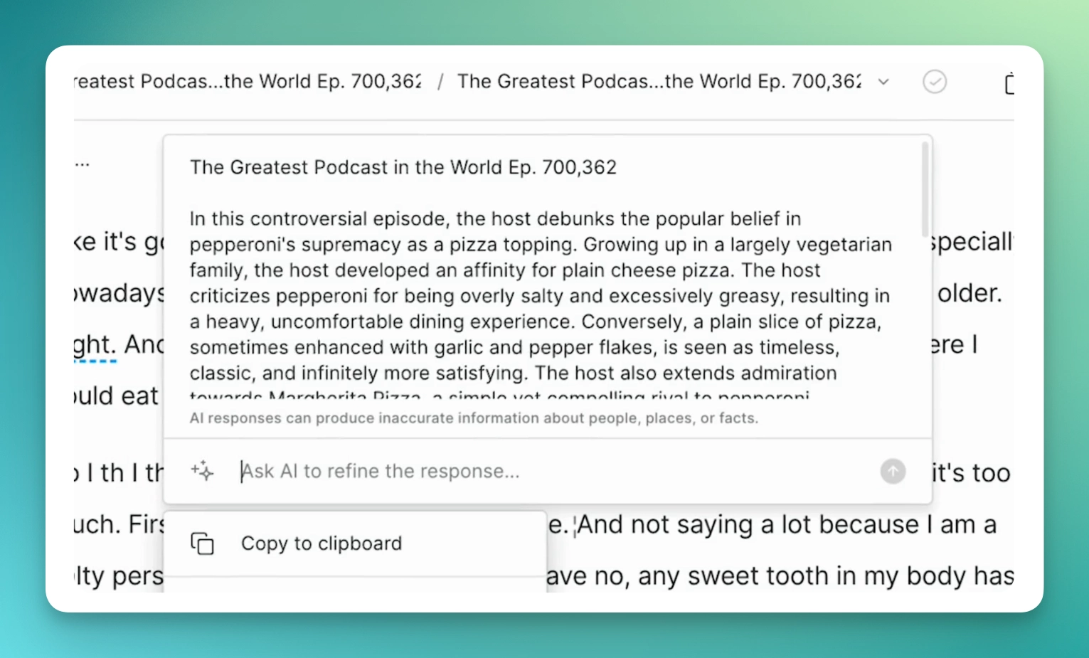 Descript’s YouTube Description Generator writing a video description