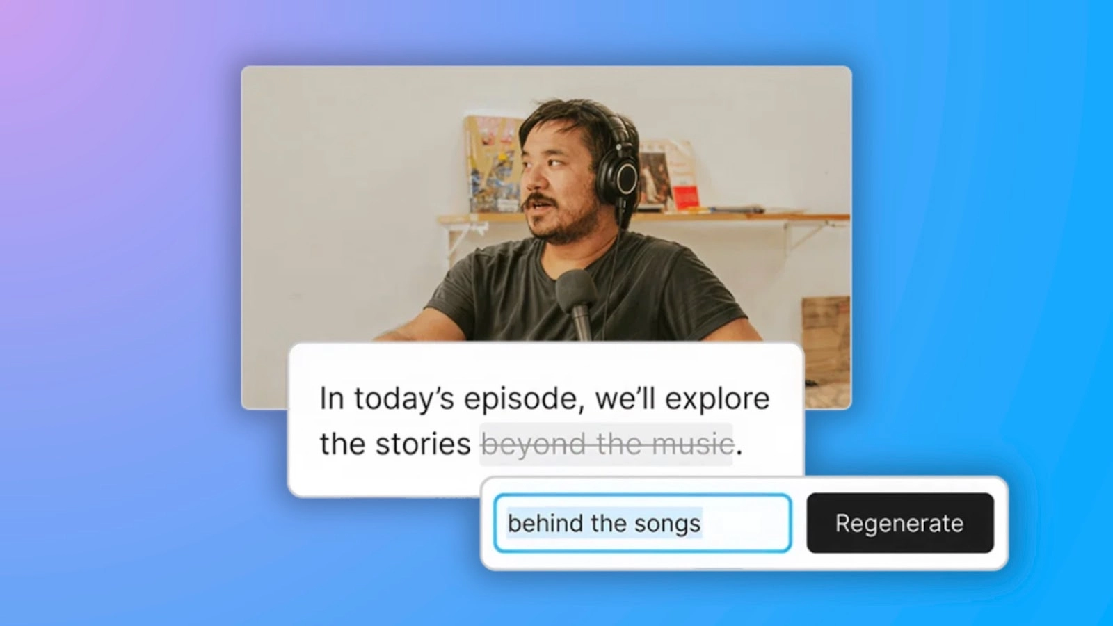 Podcast host talks into a microphone with an overlay on the screen showing a sentence suggestion
