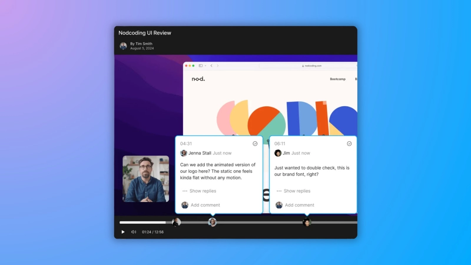 A collaborative video review interface shows timestamped comments from mutliple team members