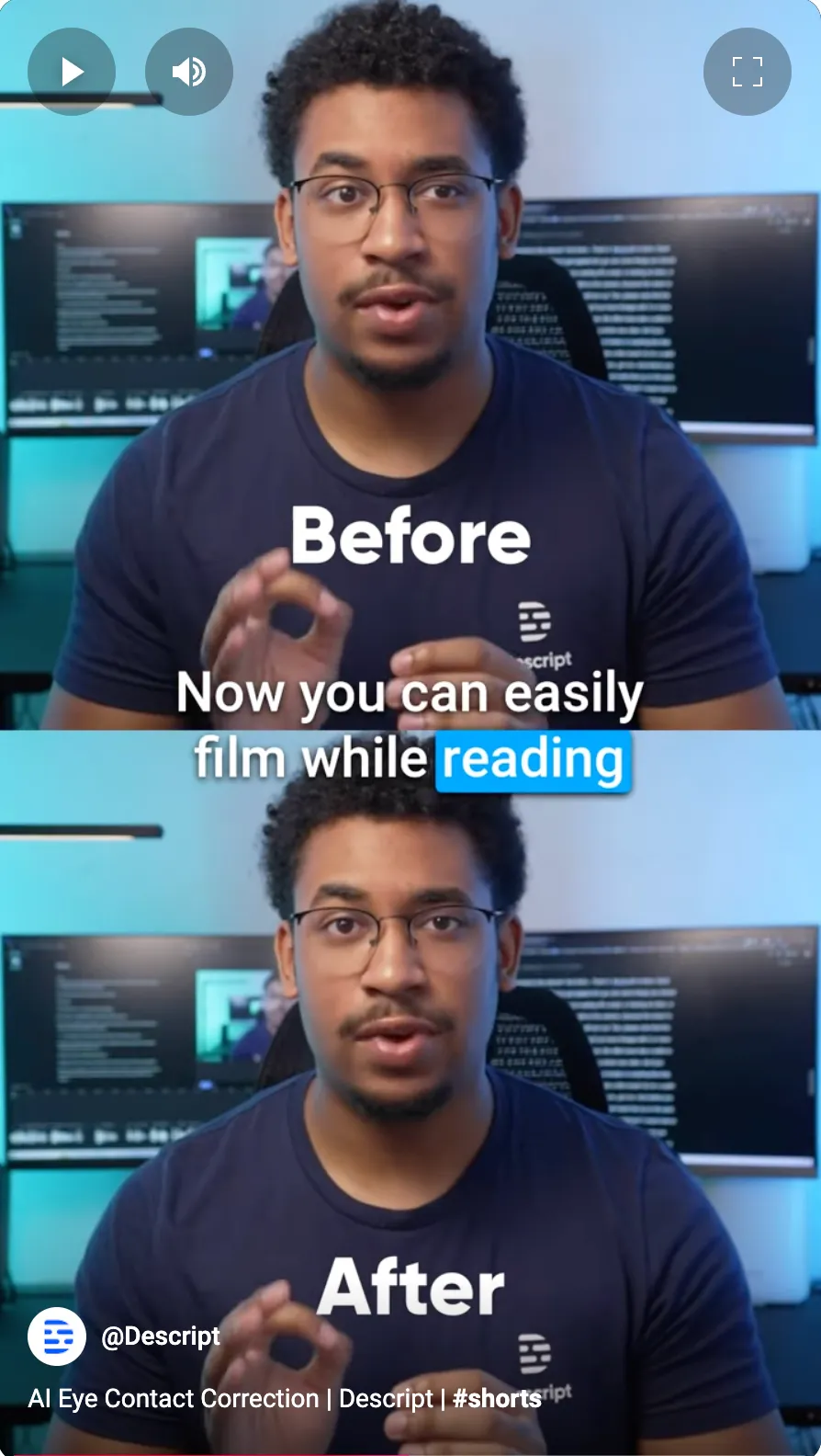 YouTube short using vertical split-screen layout to show before and after of Descript