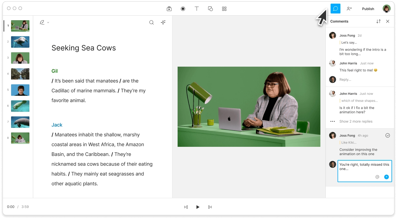 Screenshot of video comment function in Descript