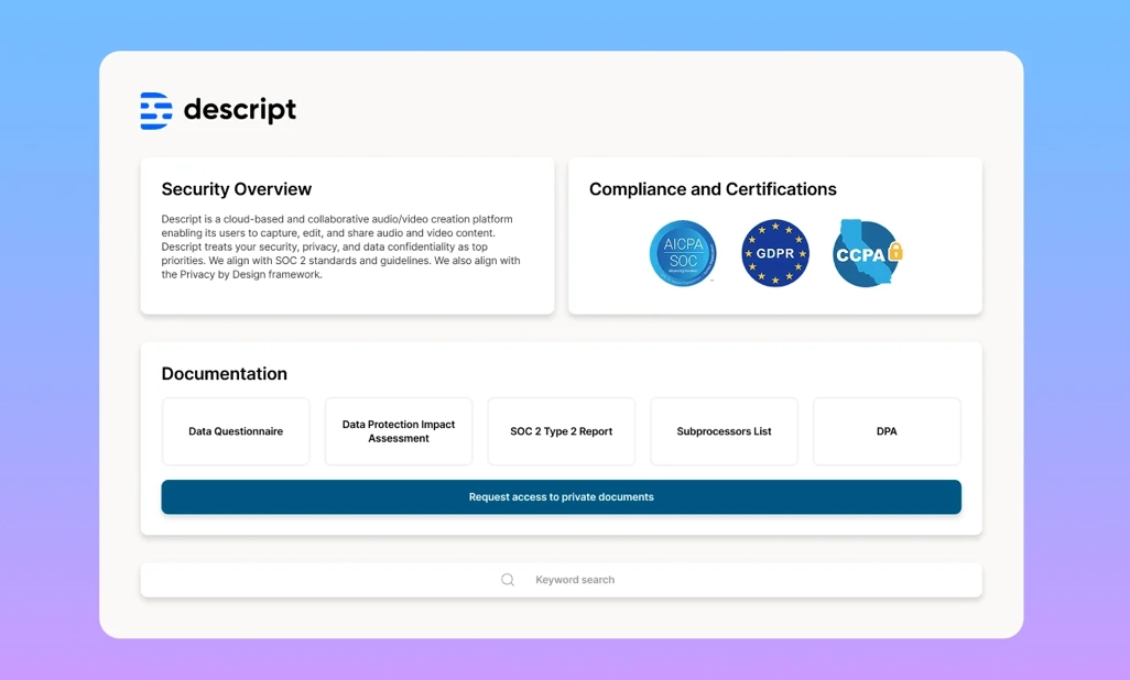 Descript webpage showing a security overview
