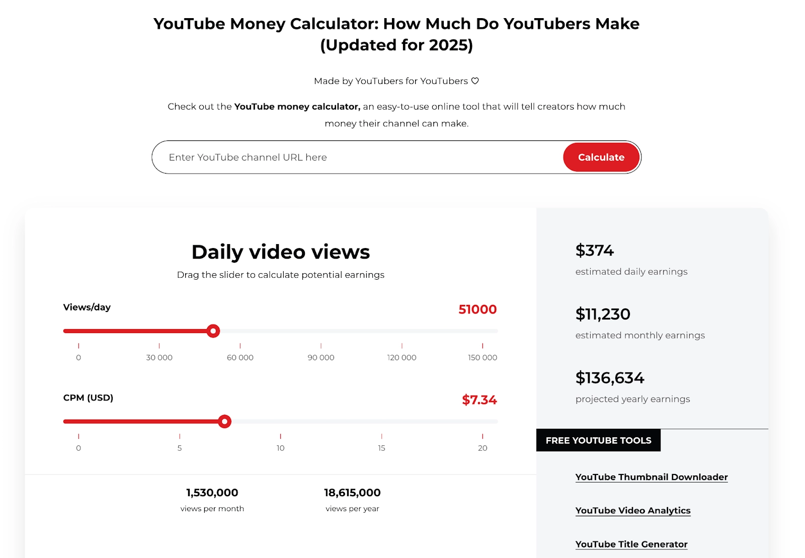 Screenshot of YouTube Money Calculator