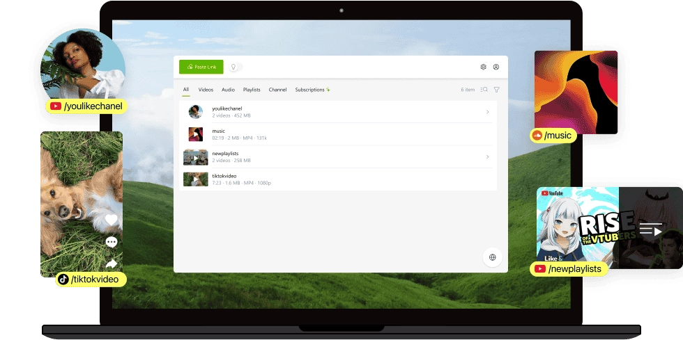 Laptop screen displaying a YouTube downloader app organizing channels, playlists, and video files.