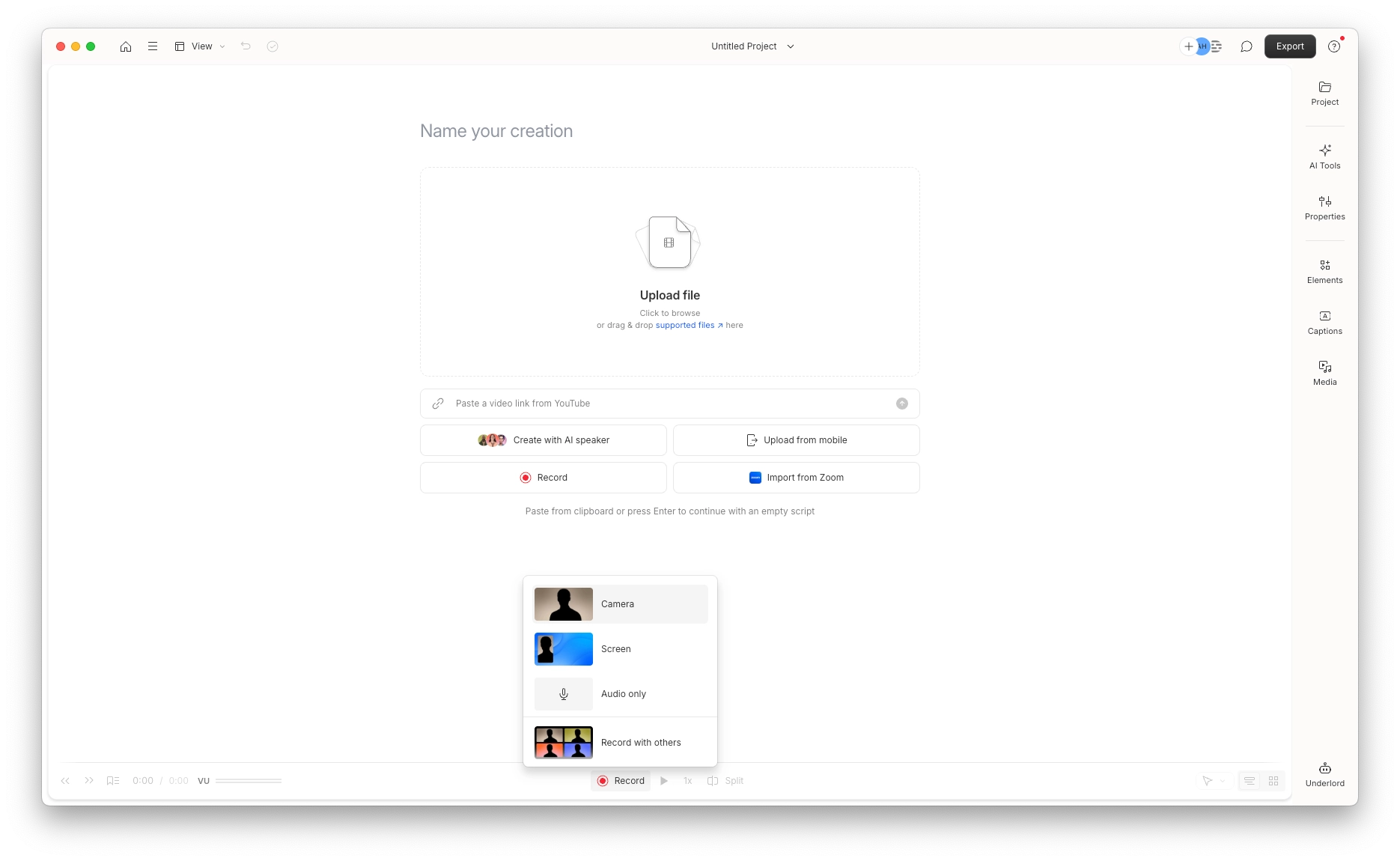 Descript project interface showing various ways to record