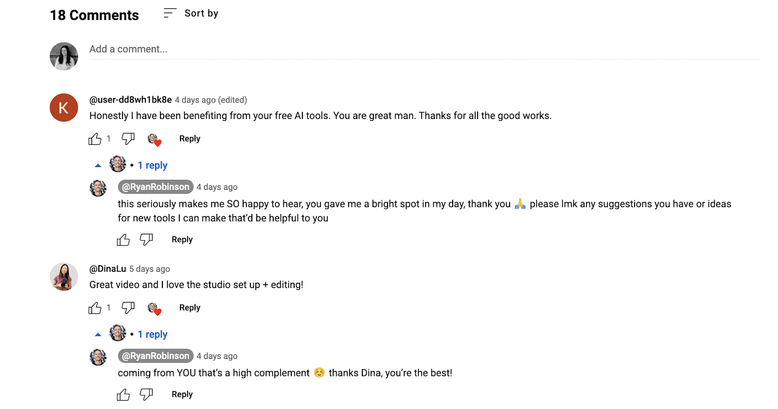 Image of the comments section of Ryan Robinson’s YouTube video