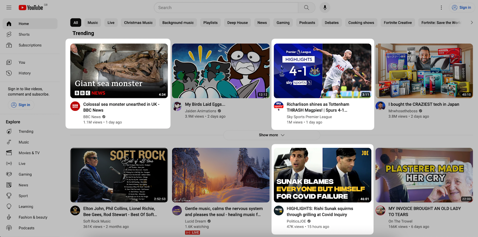 Image of YouTube homepage with highlighted thumbnails