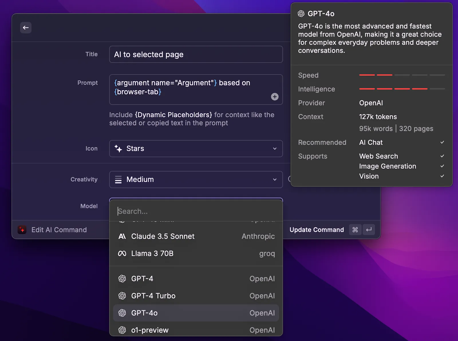 Raycast AI options including Gemini, Claude, and GPT