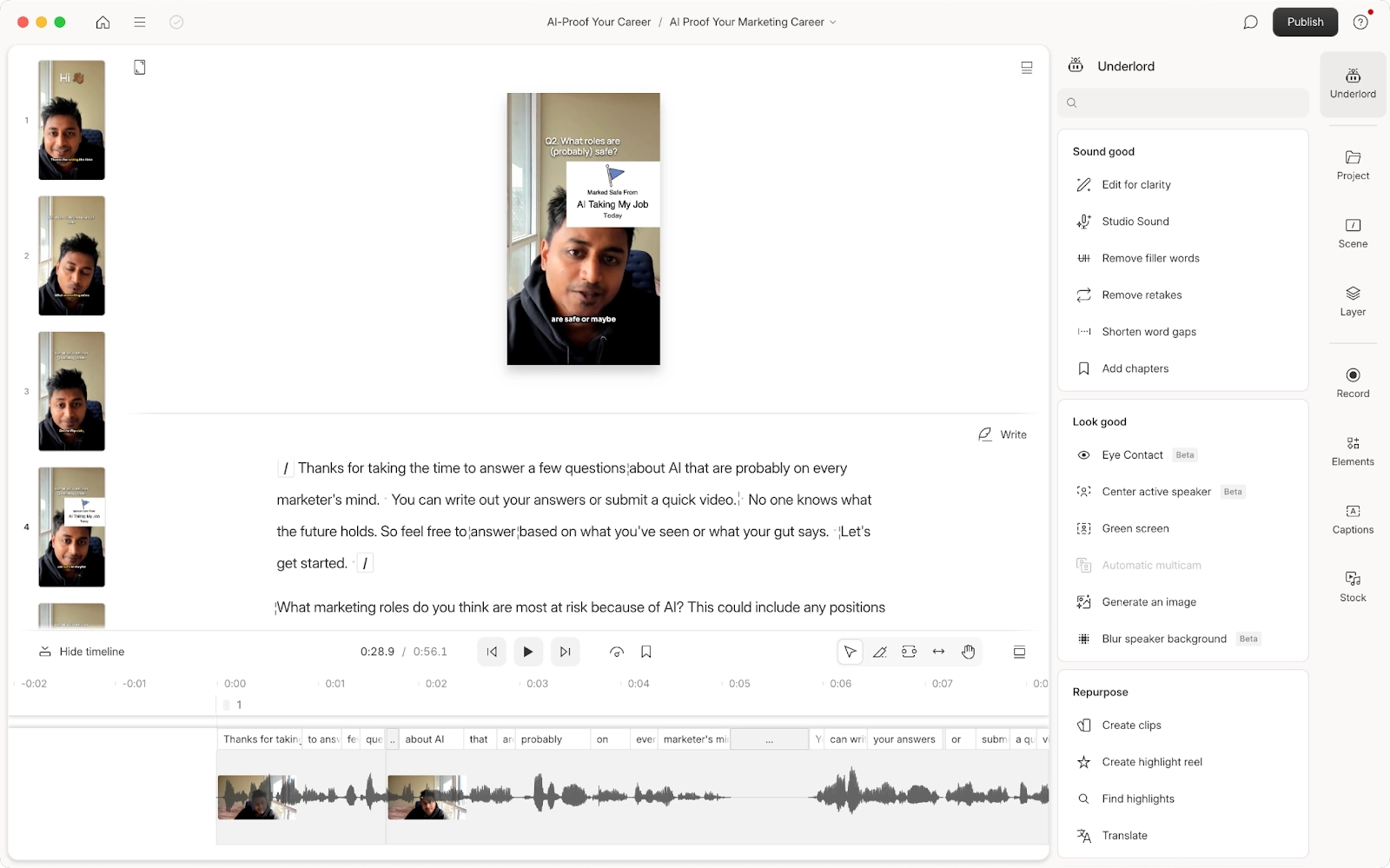 example of a video message made in Descript using the text-based editor to polish it more quickly