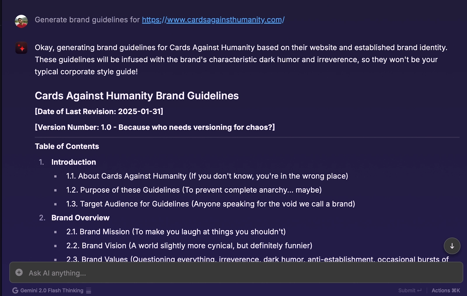 Cards against humanity brand voice guide generated based on the homepage using AI