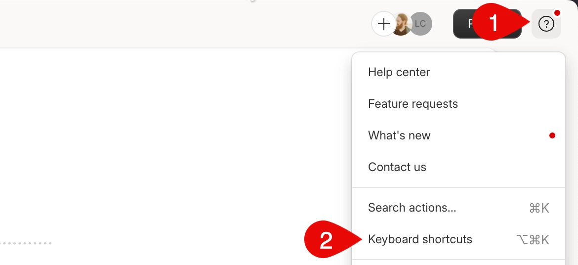 Annotated screenshot showing how to access Descript’s keyboard shortcuts menu