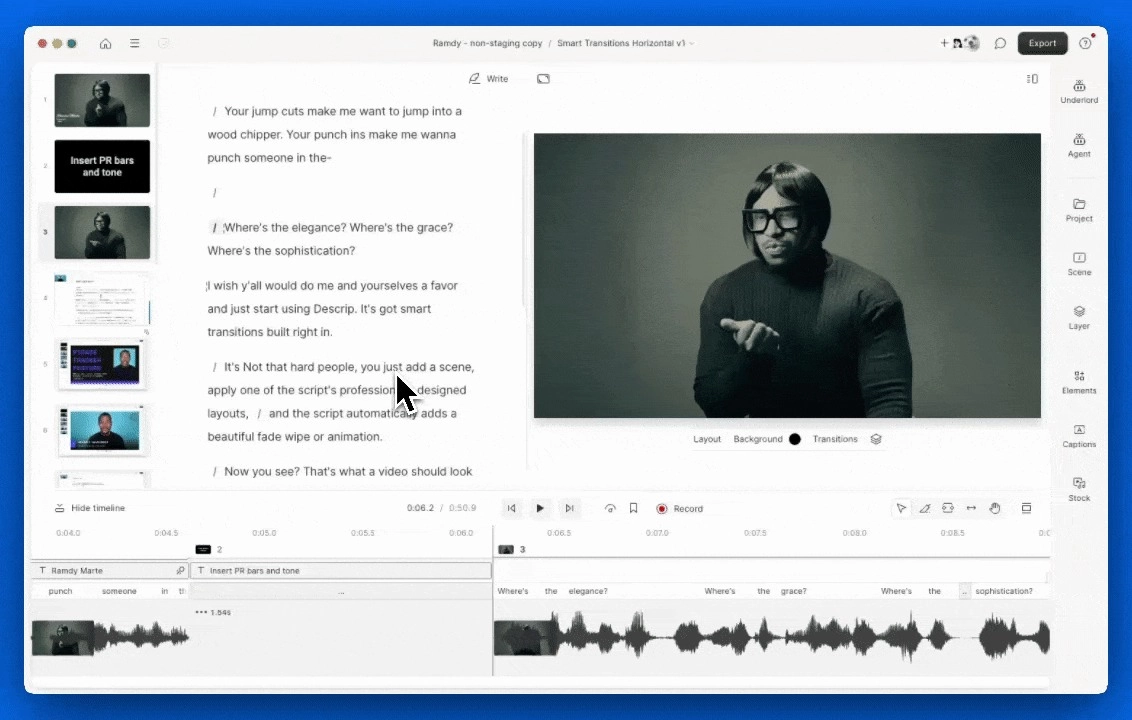 User editing a transcript in Descript by adjusting text