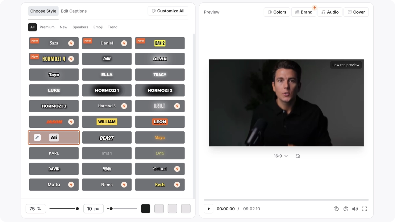 Submagic’s caption editor displaying multiple caption style presets