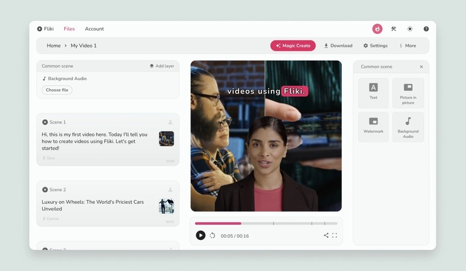 Fliki’s AI video generator showing a script-based scene editor