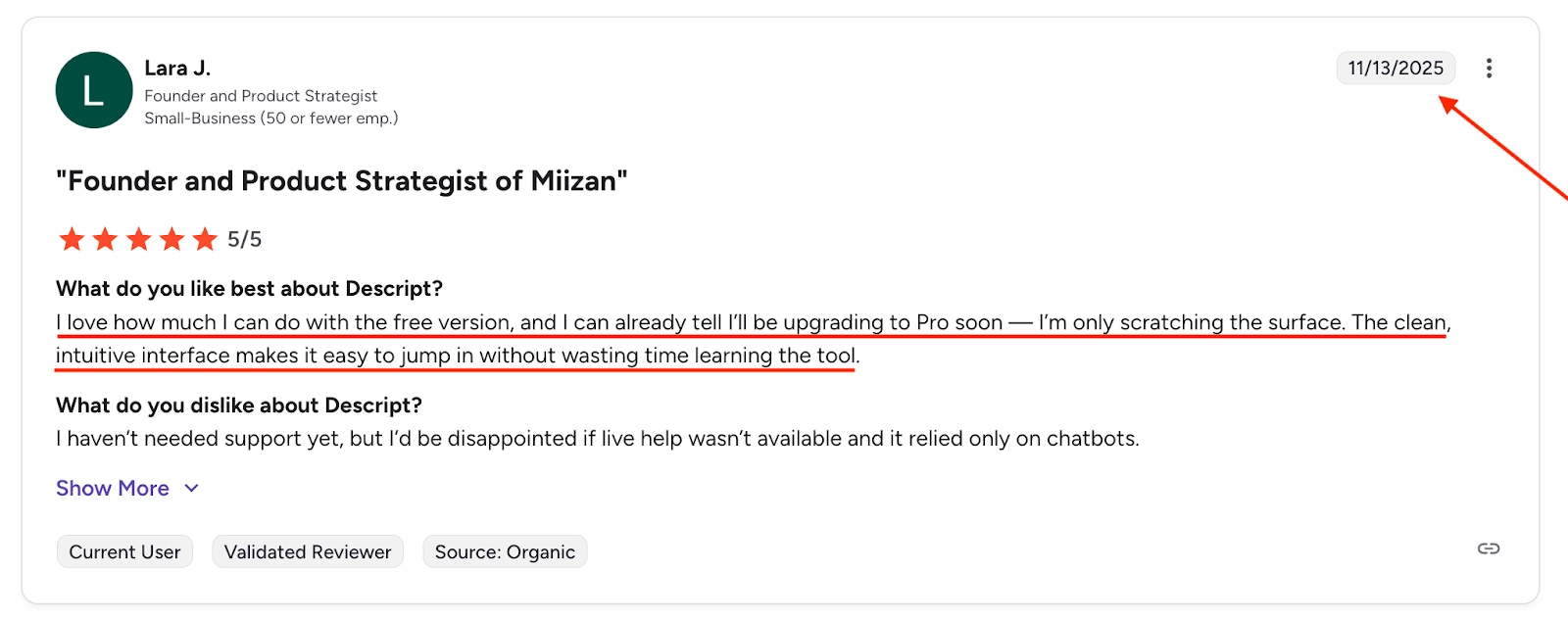 G2 Descript review praising the value of the free plan and the clean, intuitive interface.