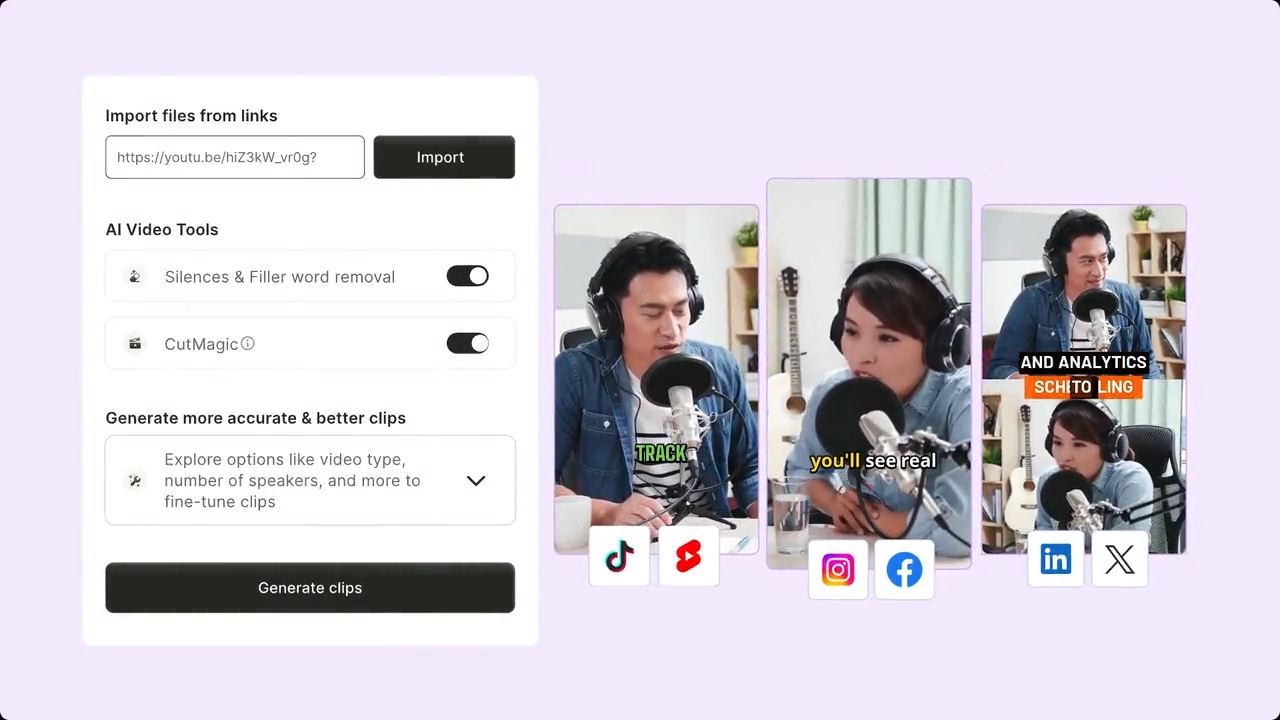  Quso.ai’s AI clip generator interface with link import options and short video clips