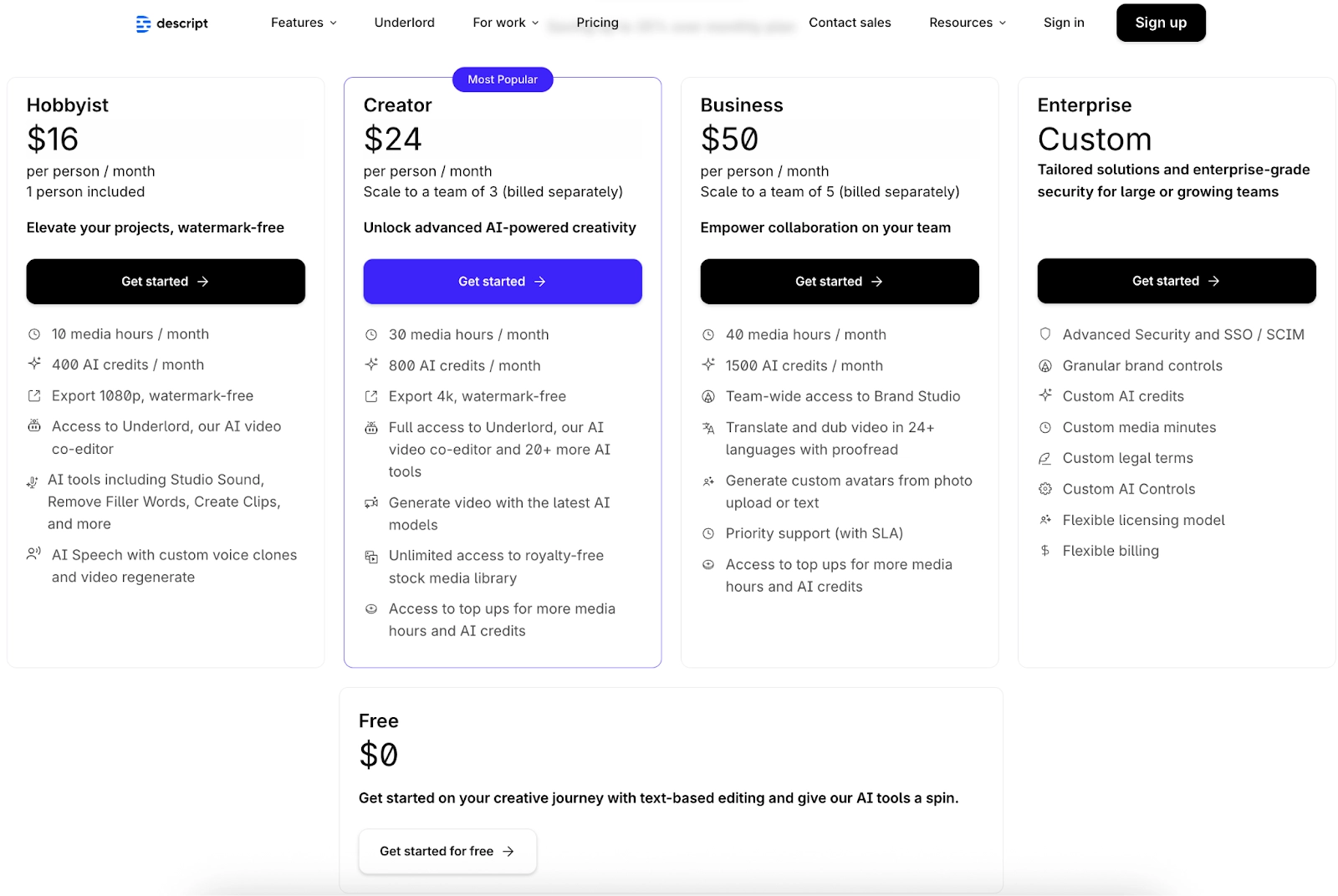 Descript’s pricing plans showing Free, Hobbyist, Creator, Business, and Enterprise tiers.