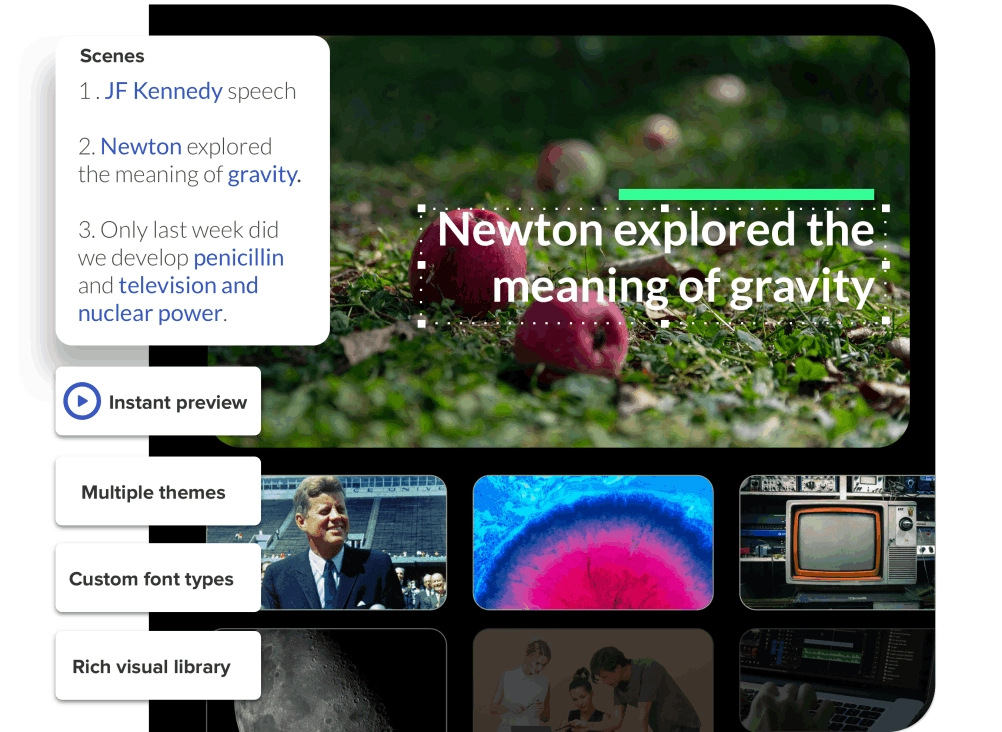 Clipchamp’s video generator interface showing a scenes panel and a preview clip