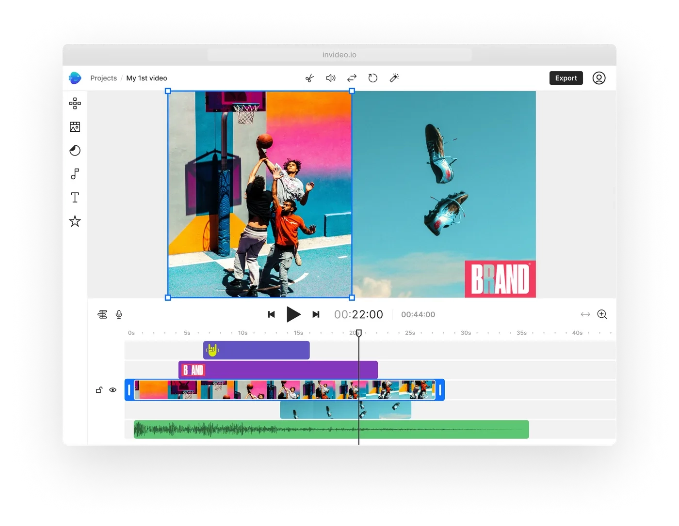 InVideo’s video editor with a split-screen sports clip, editable text, and a multi-layer timeline