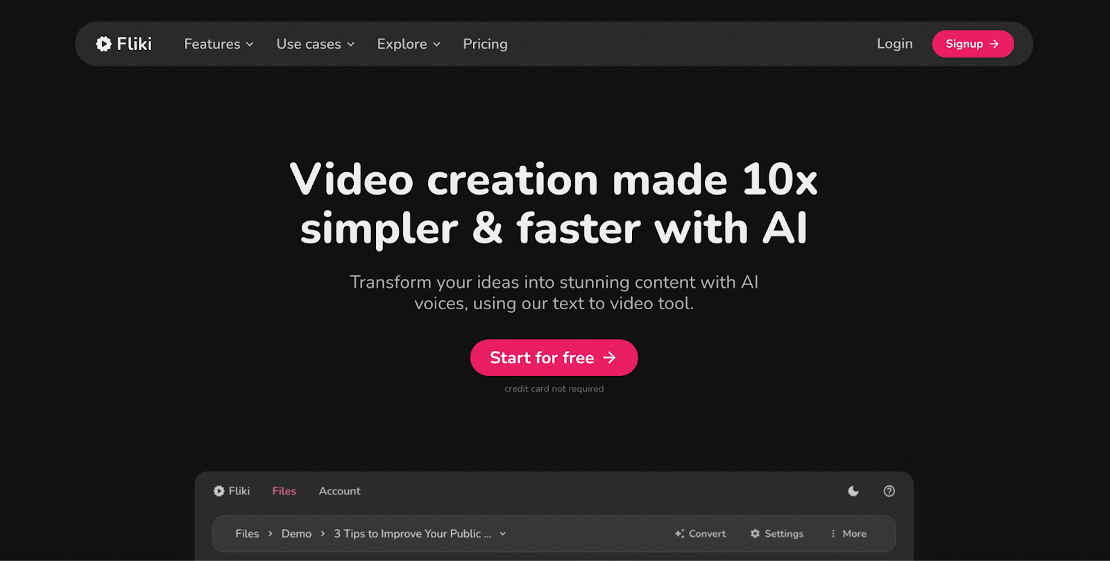 Fliki’s homepage for AI video generation. 