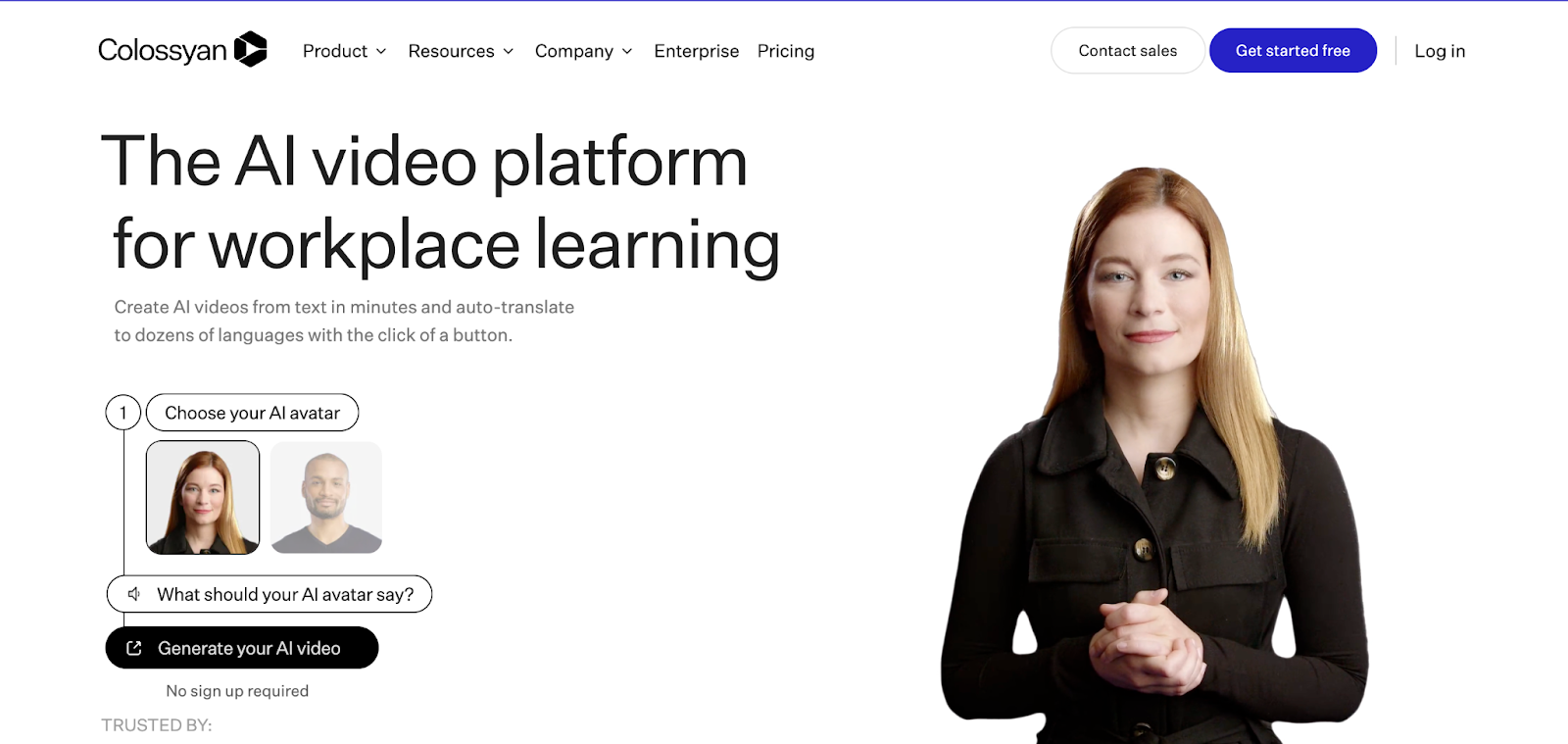 Colossyan’s landing page for AI video generation. 