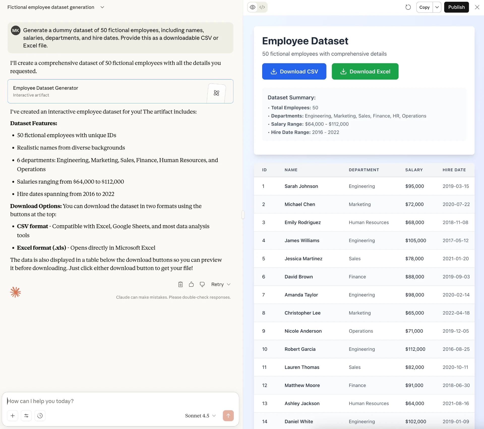 Claude creating an employee datasheet spreadsheet