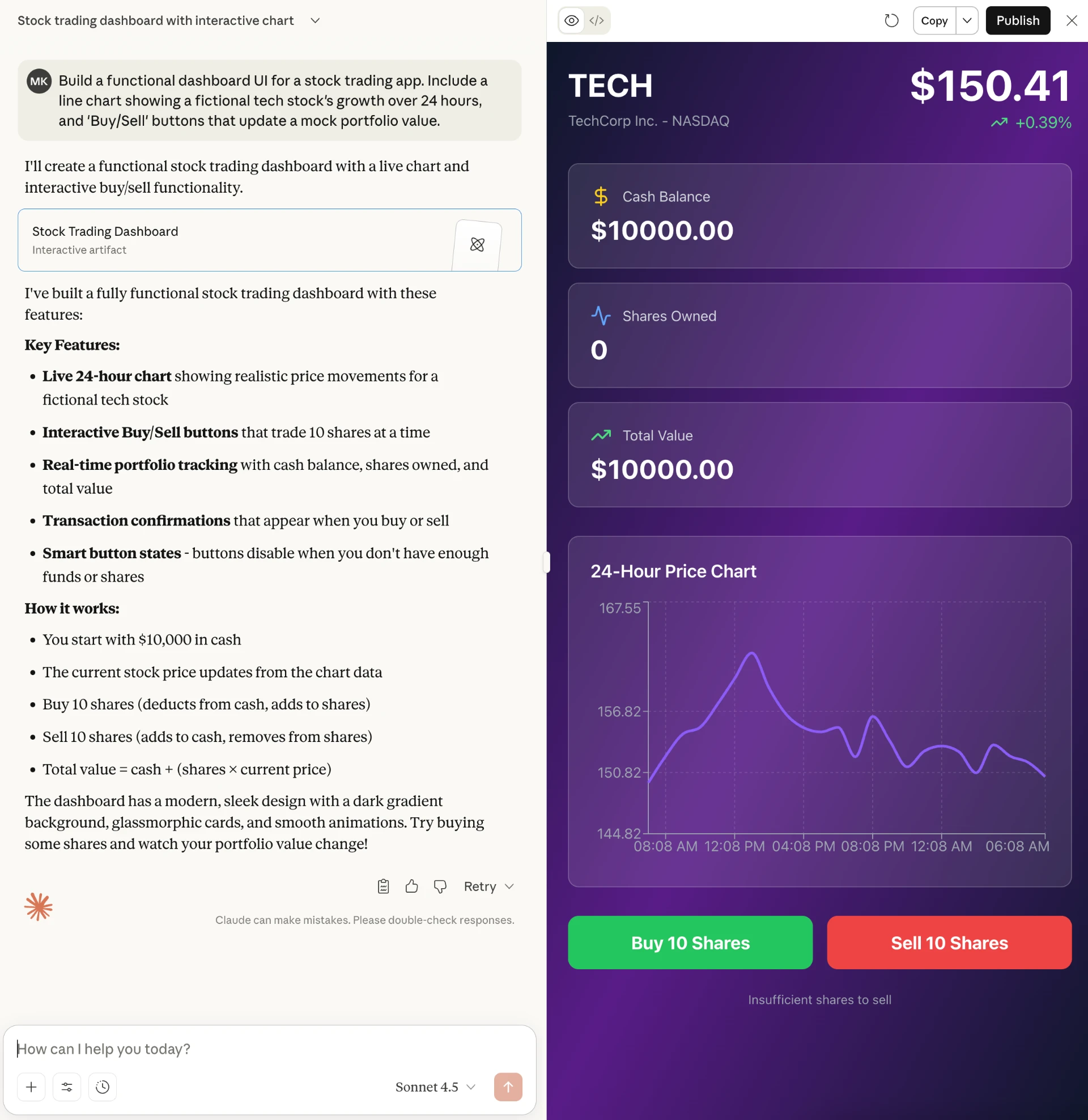 the Claude chat window with prompt and final product for a finance app