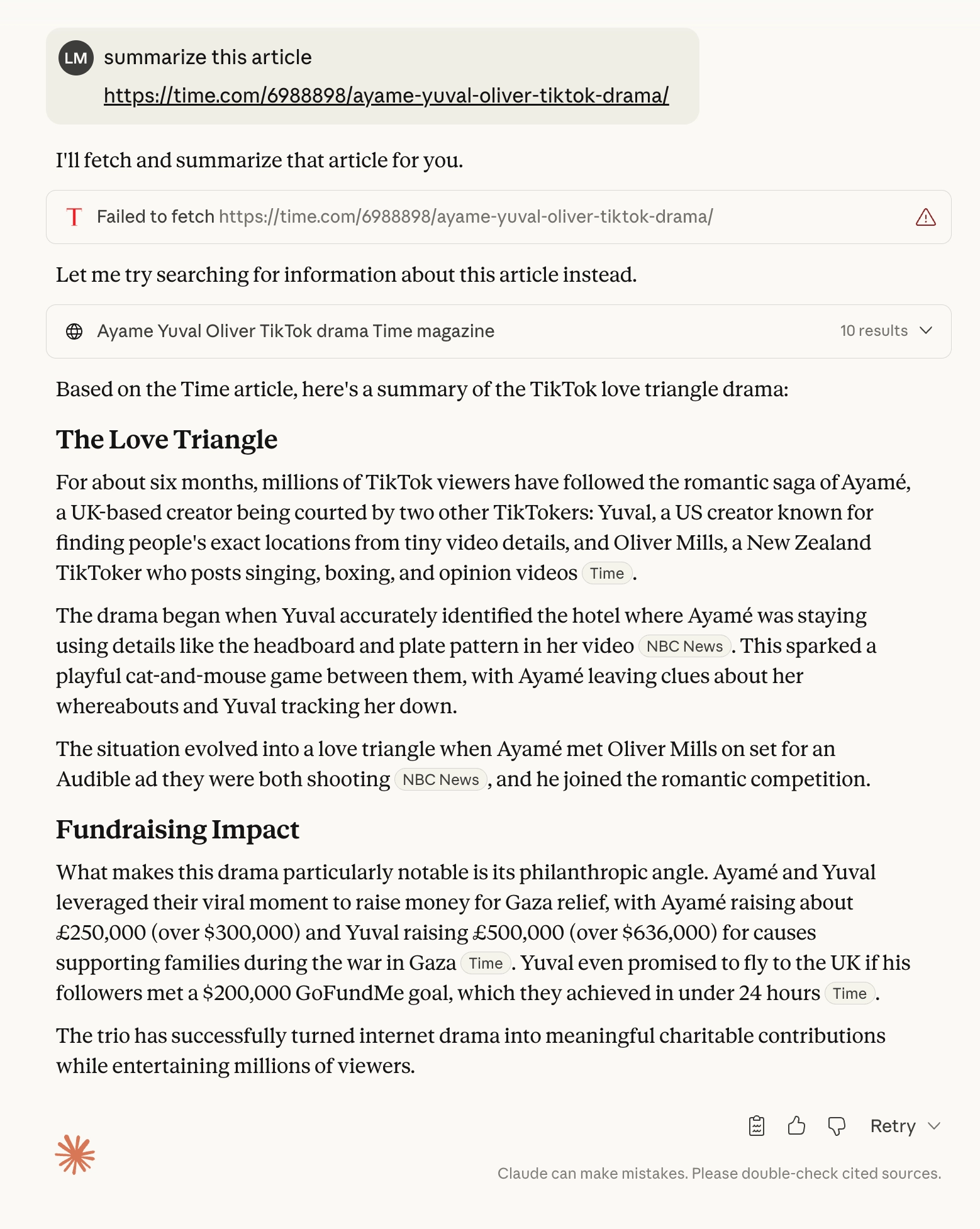 Claude summarizing an article about TikTok love affair