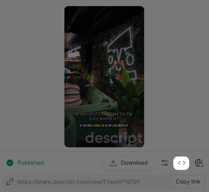 Descript publishing interface showing the Embed icon highlighted next to the Download button