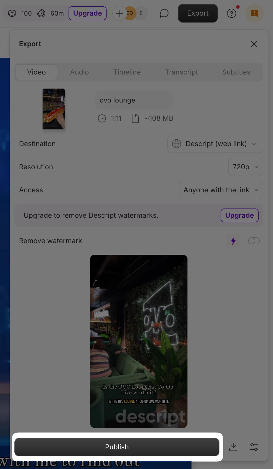 A cropped Descript window showing user publishing their video