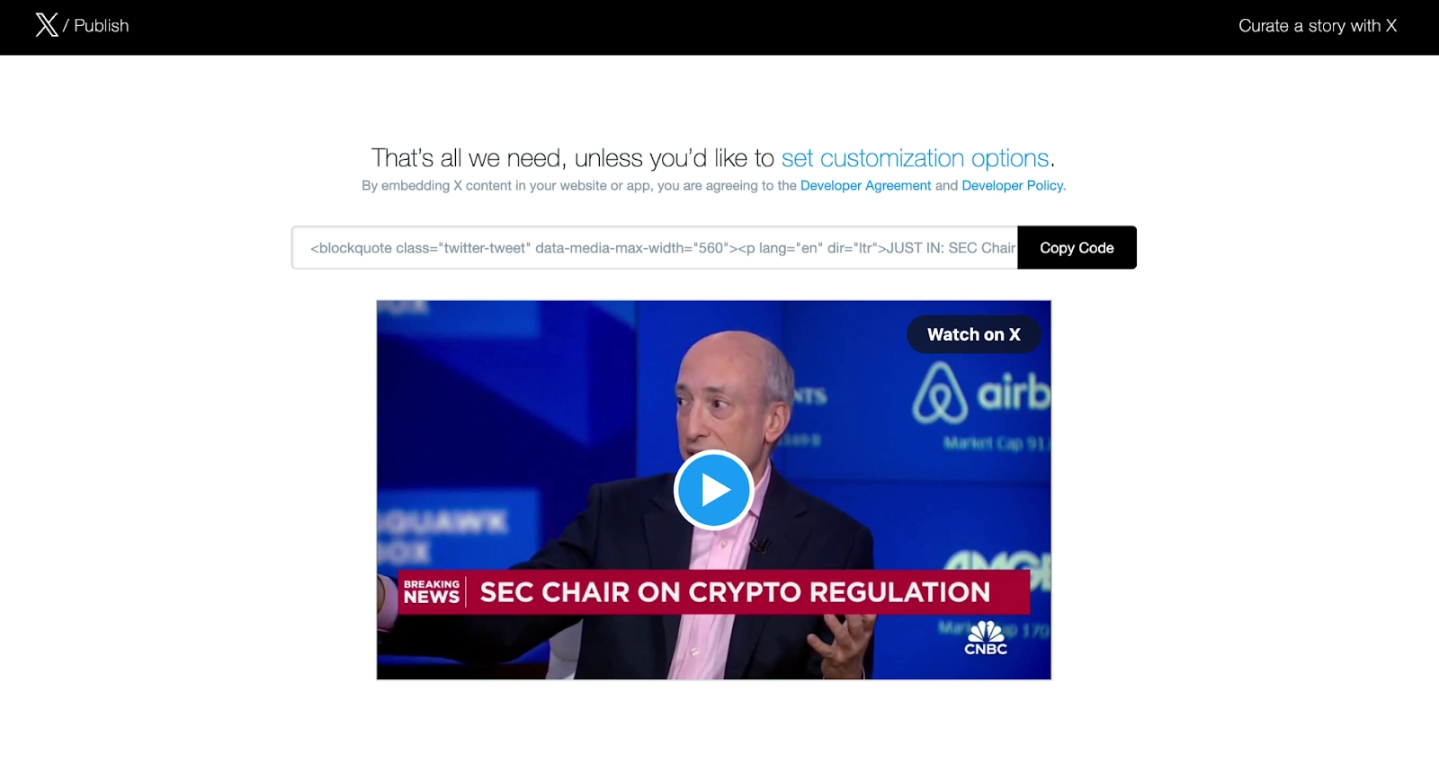 Image of user getting embed code for video from X