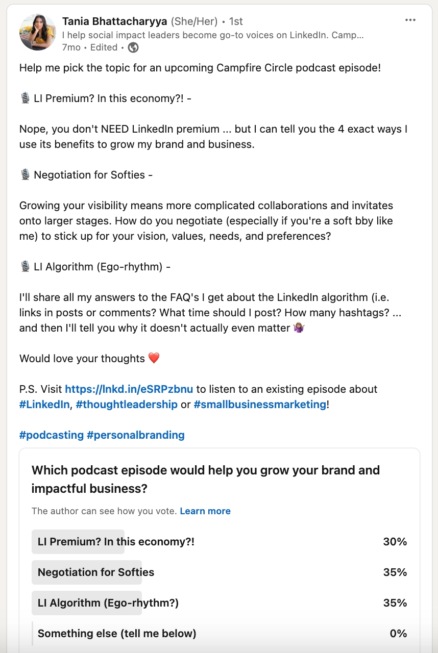 LinkedIn post from podcaster Tania Bhattacharyya