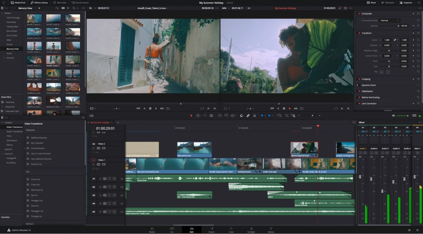 DaVinci Resolve Edit page with media pool, viewers, and a multitrack timeline