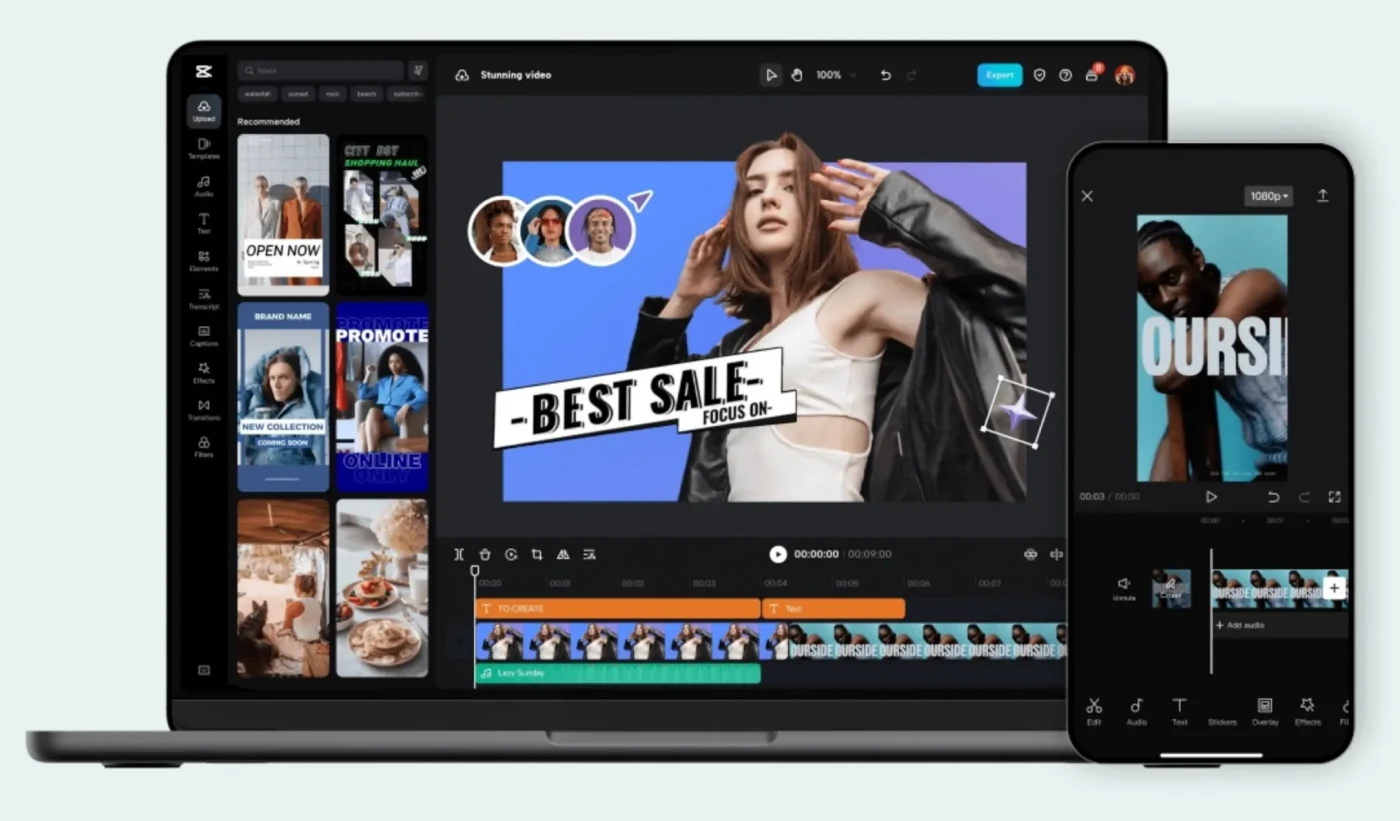 CapCut desktop editor with media panel, preview, and timeline