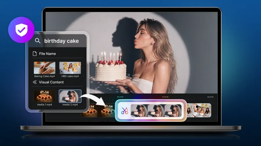 PowerDirector AI library search finding clips by description