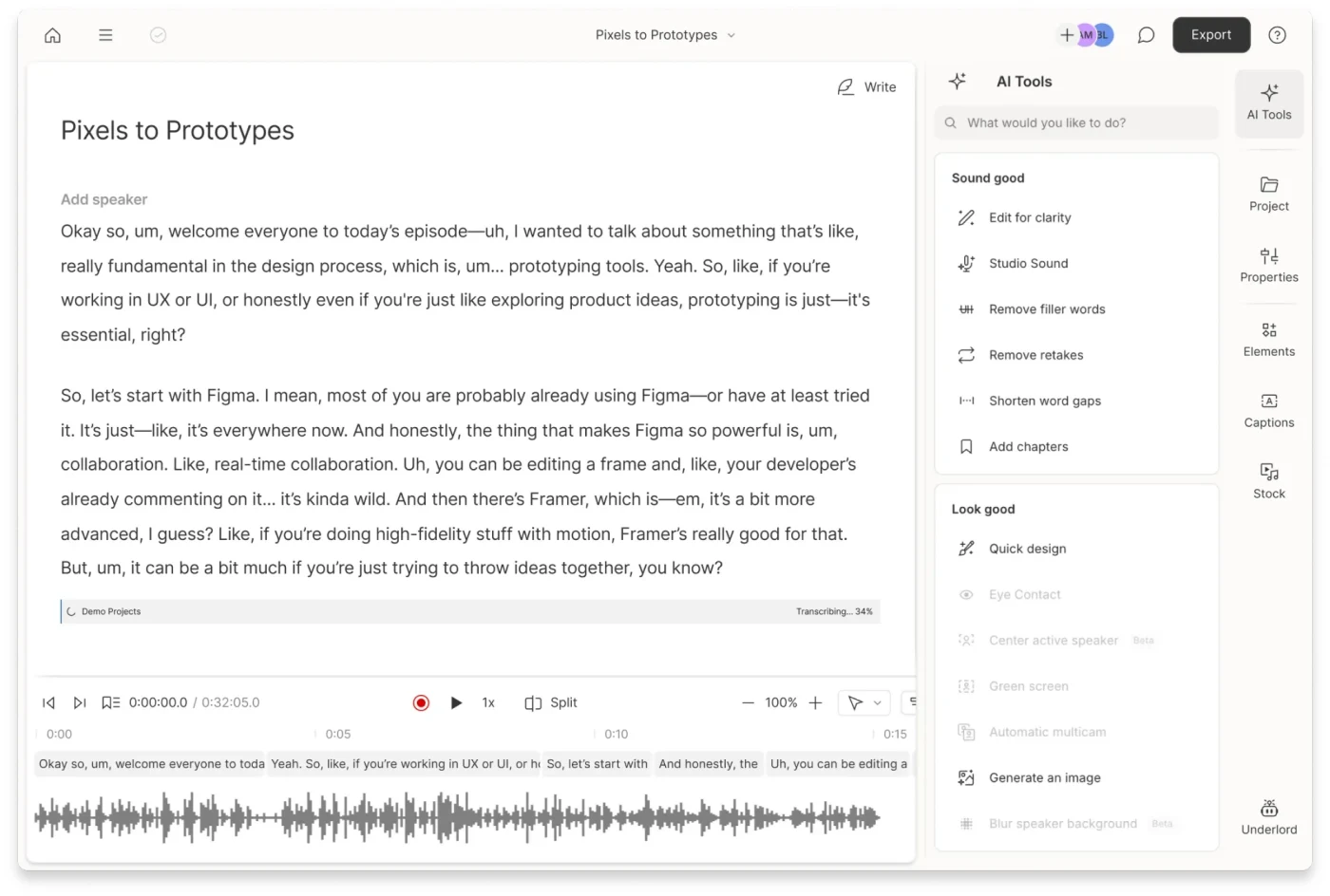 Descript editor showing a transcript, AI tools panel, and audio waveform
