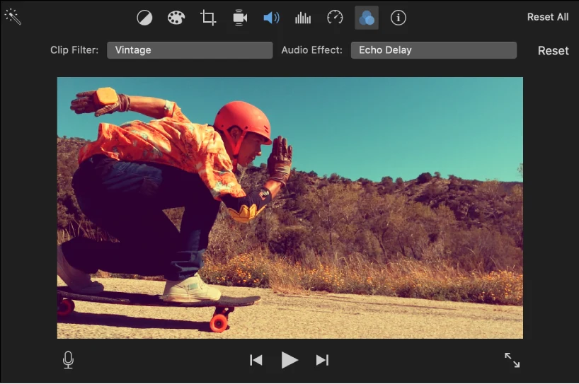 iMovie for Mac viewer with clip filter and audio effect controls