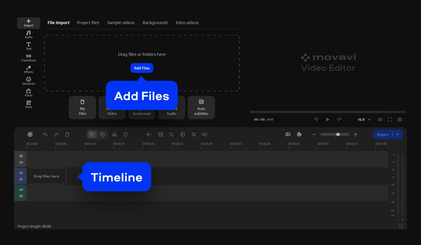 Movavi Video Editor workspace with import panel and timeline