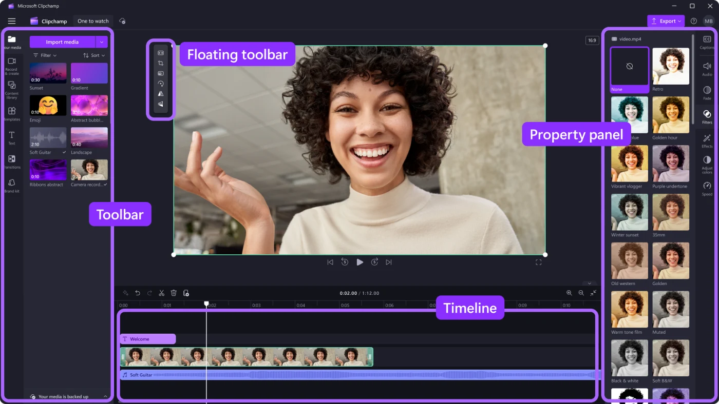 Microsoft Clipchamp editor with labeled toolbar, preview, property panel, and timeline