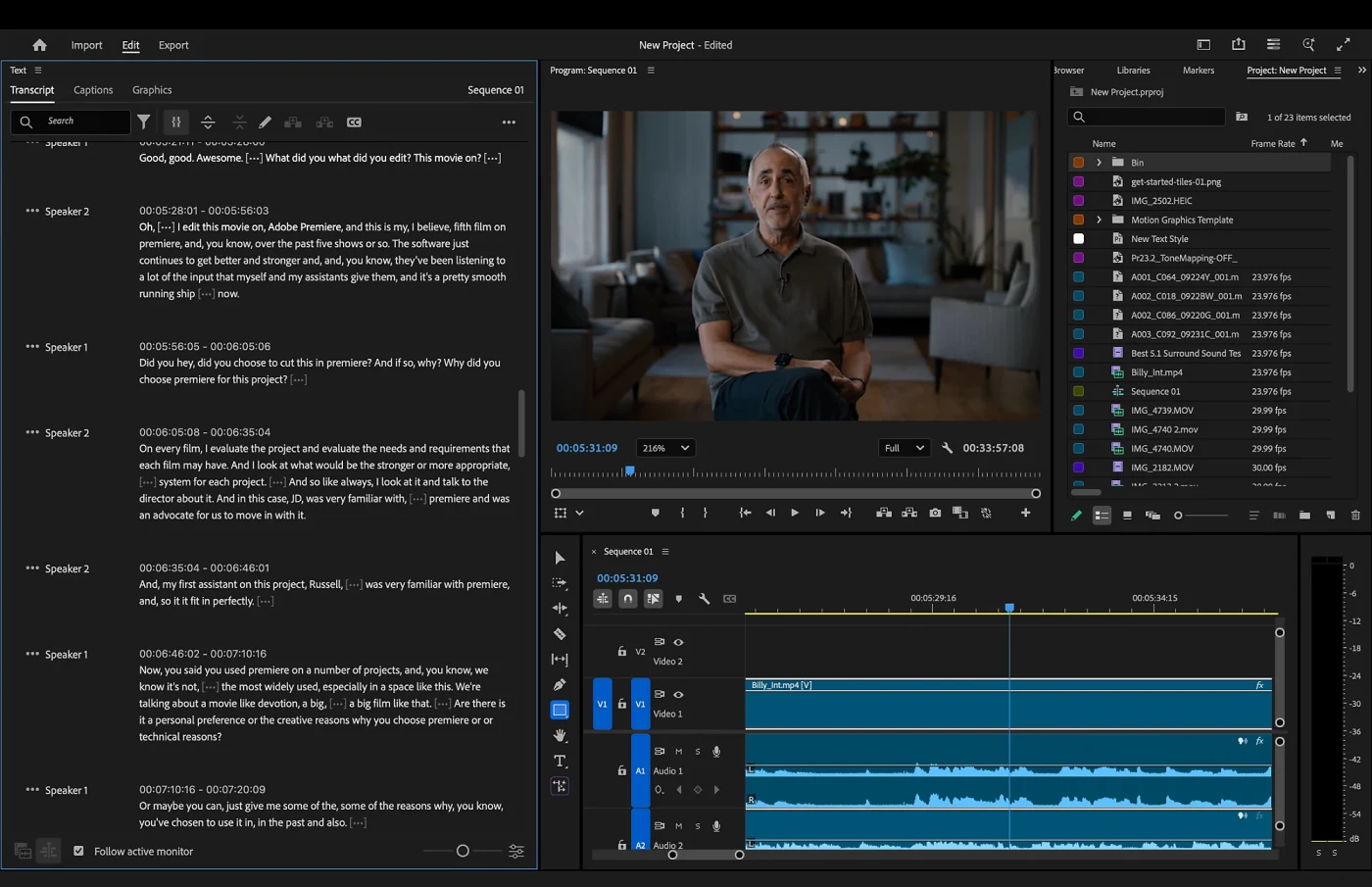 Adobe Premiere workspace with the Text-Based Editing transcript panel next to the timeline