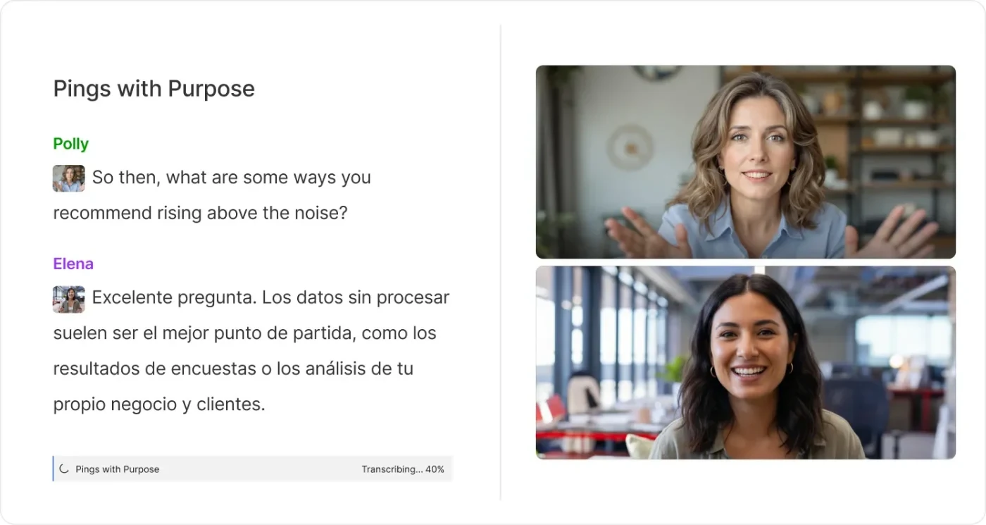 Descript transcript editor with speaker labels next to the video preview