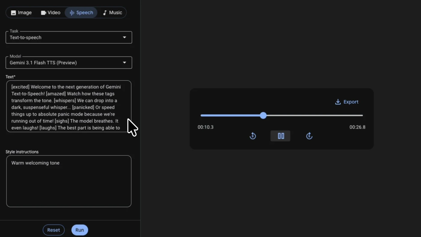 Text-to-speech in Vertex AI Studio with model, prompt, and playback controls