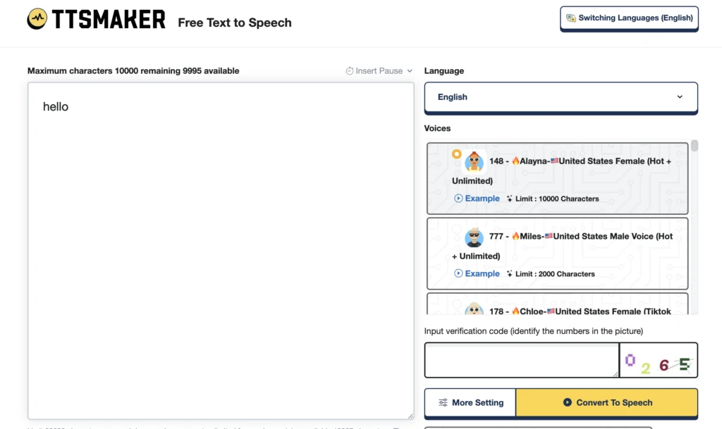 TTSMaker free text-to-speech page with text box, language, and voice list
