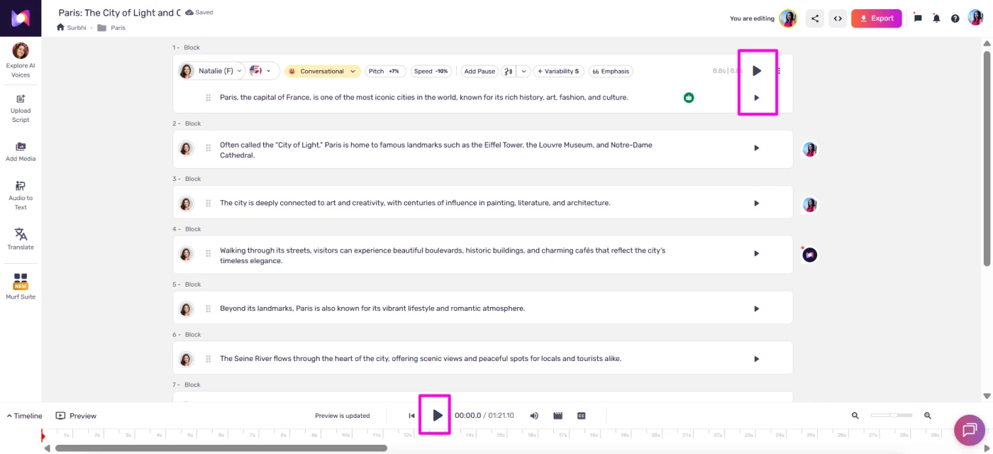 Murf Studio project with script blocks, voice selection, and playback controls