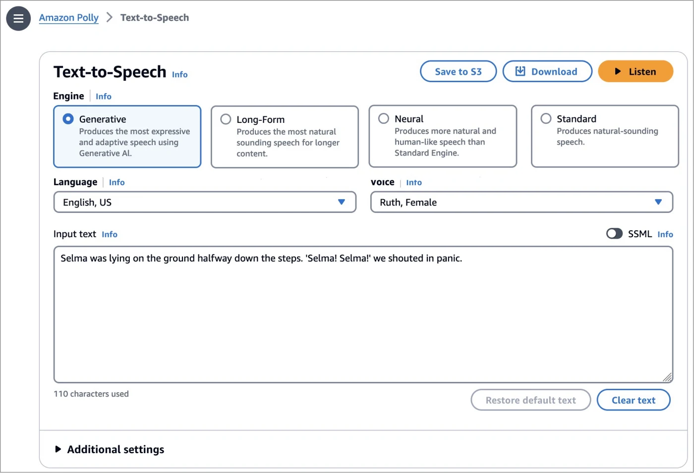Amazon Polly console Text-to-Speech page with engine, language, and voice options